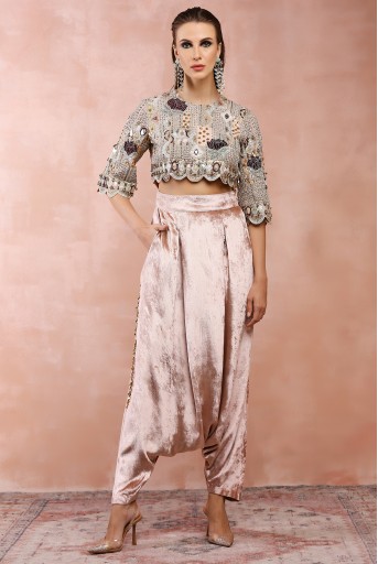PS-TS0026  Rose Pink Embroidered Top With Lowcrotch Pant