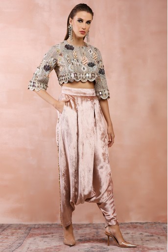 PS-TS0026  Rose Pink Embroidered Top With Lowcrotch Pant