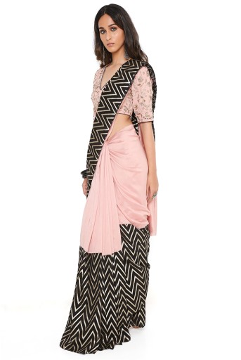 PS-SR0015  Rose Pink Embroidered Top With Silkmul And Banarasi Saree And Chantone Petticoat