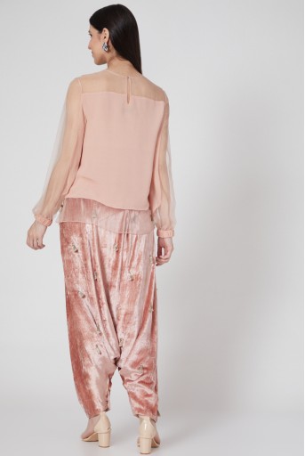 PS-FW688-B  Rose Pink Georgette And Organza Embroidered Top And Low Crotch Pants