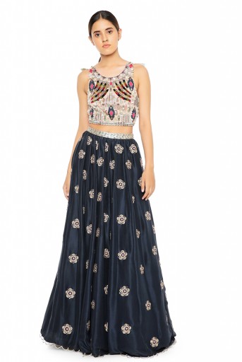 PS-ST1477  Rose Pink Georgette Choli with Navy Silk Lehenga