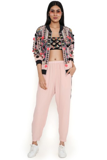 PS-FW760-A-1  Rose Pink Georgette Embroidered Bomber With Georgette Bustier And Jogger Pant