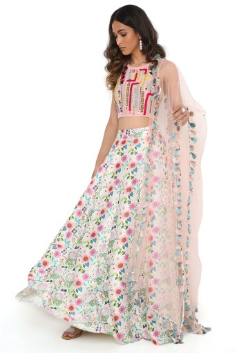 PS-LH0093  Rose Pink Georgette Embroidered Choli With Cream Spring Floral Dupion Print Lehenga And Rose Pink Net Mukaish Dupatta