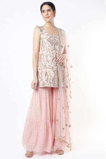 PS-KP0094-D  Rose Pink Georgette Embroidered Kurta With Dot Mukaish Georgette Sharara And Net Dupatta