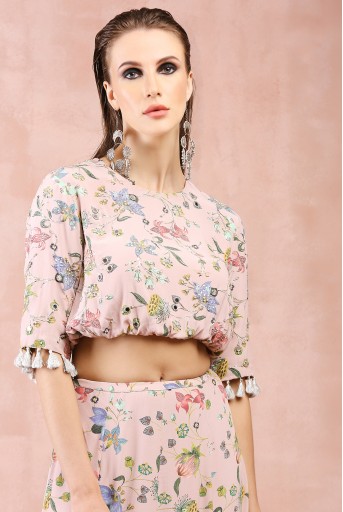 PS-TS0028  Rose Pink Nargis Print Embroidered Balloon Top With Frill Skirt