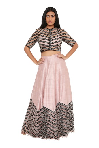 PS-ST1263  Rose Pink Silk Bustier With Black Embroidered Patti Choli And Black Patti Lehenga