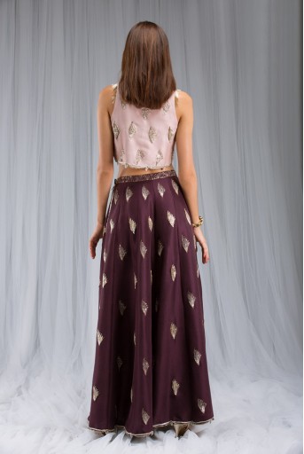 PS-ST0978 Rose Pink Silk Crop Top and Low Crotch Pant with Attached Purple silk Lehenga