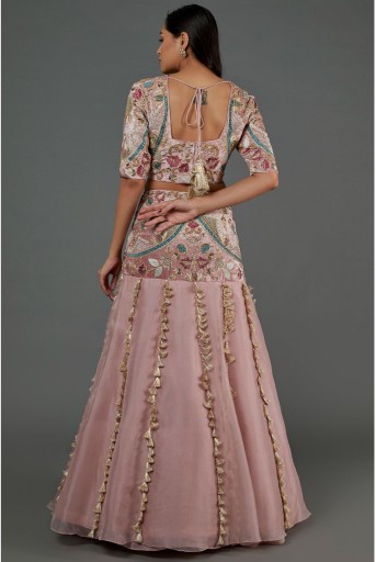 PS-LH0116-A  Rose Pink Embroidered Choli & Basque Skirt With Dupatta