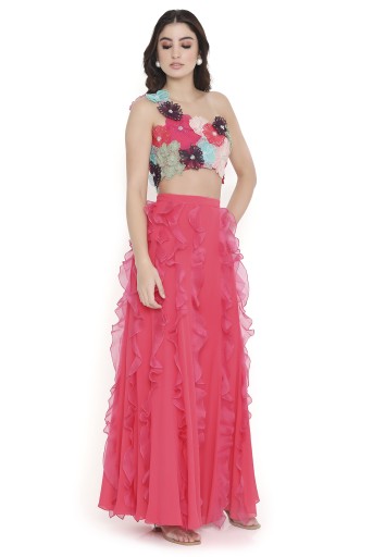 PS-CS0133  Rosetta Coral 3D Floral Embroidered One Shoulder Choli And Coral Sharara With Hot Pink Ruffles