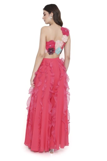 PS-CS0133  Rosetta Coral 3D Floral Embroidered One Shoulder Choli And Coral Sharara With Hot Pink Ruffles