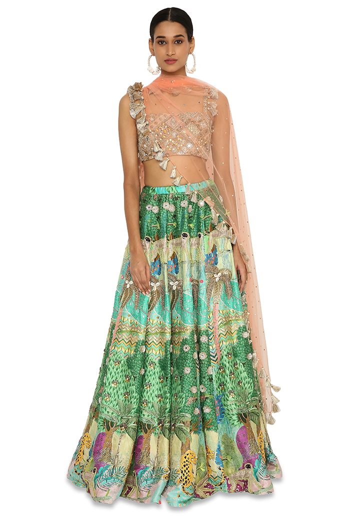 Buy Pista Green Floral Sequins Embroidered Lehenga Set with Peach Dupatta  Online @ ₹16000 from ShopClues