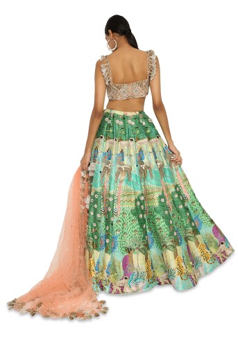 PS-LH0076  Ruba Peach Colour Embroidered Bustier With Printed Dupion Embroidered Lehenga With Peach Colour Dupatta