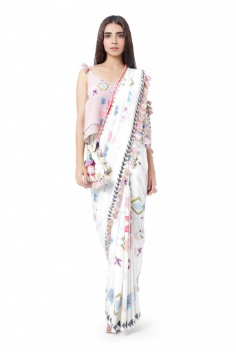 PS-FW777  Ruh Pink Printed Crepe Two Layer Top with White Printed Crepe Saree and Chantone Petticoat