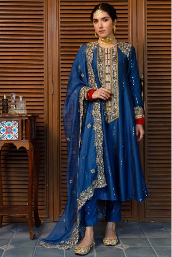 PS-KP0358-A  Ruksaan Navy Embroidred Yoke Kurta And Pant With Dupatta