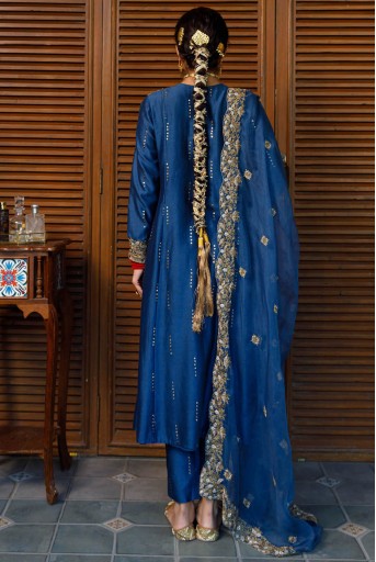 PS-KP0358-A  Ruksaan Navy Embroidred Yoke Kurta And Pant With Dupatta