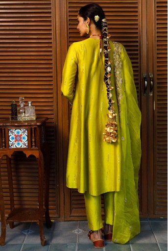 PS-KP0358  Ruksaan Olive Green Embroidred Yoke Kurta And Pant With Embroidred Dupatta