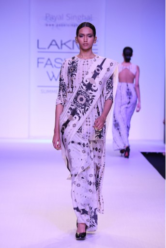 PS-FW247 Sabah Stone Printed Crepe High-Low Tunic with Silkmul Saree and Black Linen Pant