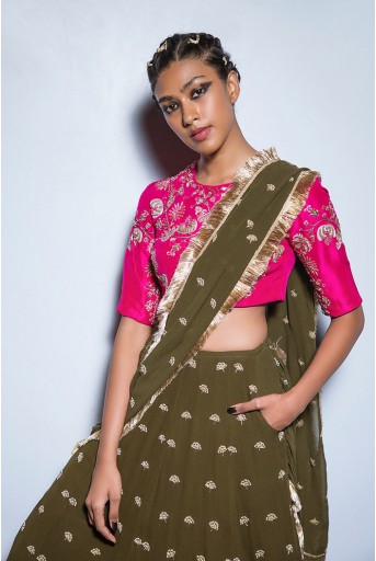 PS-FW557 Sabira Hot Pink Silk Choli with Olive Green Georgette Lehenga and attached Dupatta