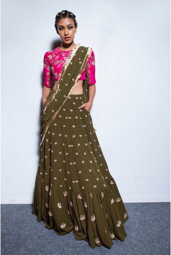 PS-FW557 Sabira Hot Pink Silk Choli with Olive Green Georgette Lehenga and attached Dupatta