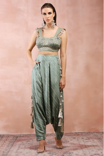 PS-TL0025  Sage Green Embroidered Corset Top With Lowcrotch Pant