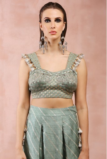 PS-TL0025  Sage Green Embroidered Corset Top With Lowcrotch Pant