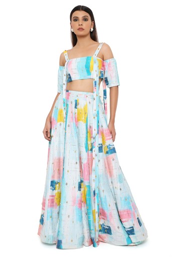 PS-LH0117  Sandro Painterly Print Dupion Silk Embroidered Top With Lehenga