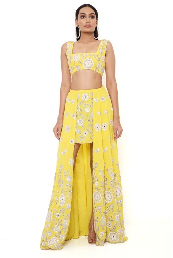 PS-TS0014  Sarah Yellow Georgette Embroidered Top And Skirt With Mukaish Net Dupatta