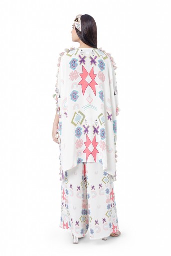 PS-FW783  Seher White Colour Printed Crepe Embroidered Short Kaftan with Palazzo