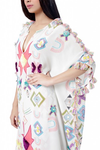 PS-FW783  Seher White Colour Printed Crepe Embroidered Short Kaftan with Palazzo
