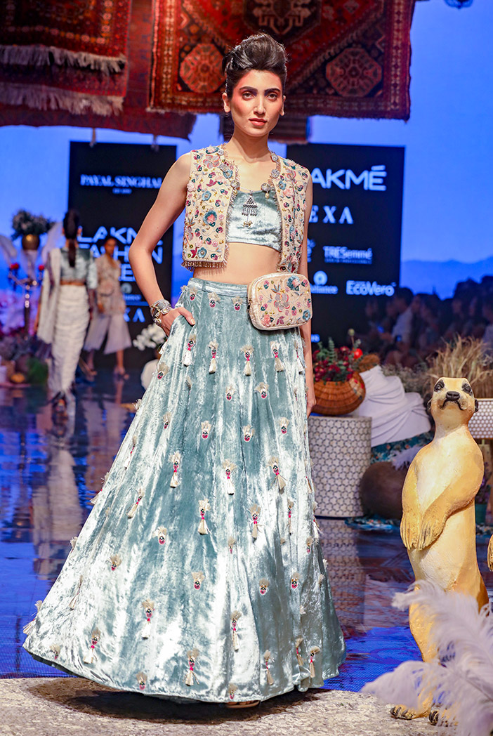 seine stone georgette short jacket with periwinkle blue velvet bustier and lehenga a0