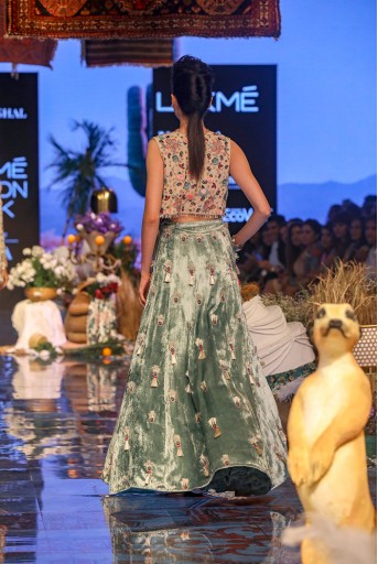 PS-FW641 Seine Stone Georgette Short Jacket with Periwinkle Blue Velvet Bustier and Lehenga