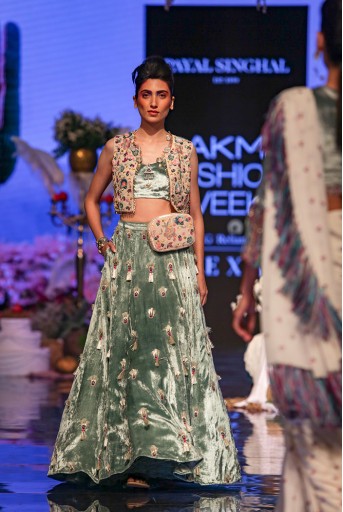PS-FW641 Seine Stone Georgette Short Jacket with Periwinkle Blue Velvet Bustier and Lehenga