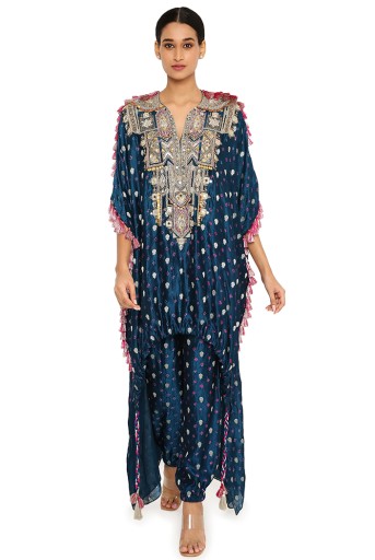 PS-KP0131  Selima Midnight Blue Colour Bandhani Silk Embroidered High Low Kurta With Jogger Pants