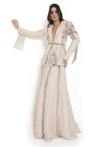 PS-JK0110  Sera Stone Embroidered Jacket And Lehenga With Hanging Tassels And Embroidered Leather Belt