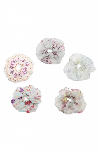 PS-SCR033  Set of 5 Assorted Organza and Silkmul Scrunchies in Signature Prints