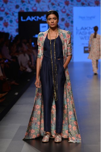 PS-FW373 Shaheen Khaki Printed Dupion Silk Duster Jacket with Navy Silk Camisole and Pant