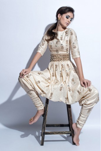 PS-FW312 Sheesh Ivory Printed Dupion Silk Jumpsuit with Belt