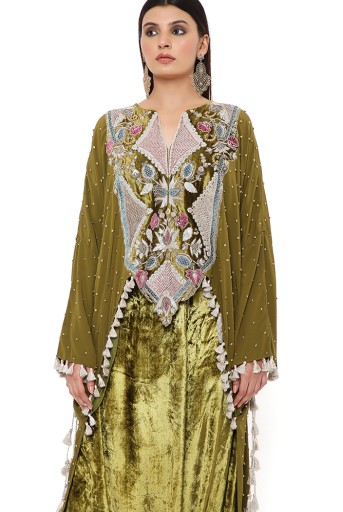 PS-KL0010  Shirin Olive Crepe Embroidered High Low Kaftan With Velvet Low Crotch Pant