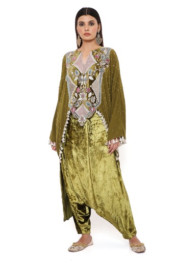 PS-KL0010  Shirin Olive Crepe Embroidered High Low Kaftan With Velvet Low Crotch Pant