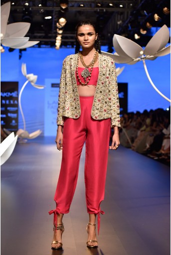 PS-FW513 Sila Stone Silk Jacket with Hot Pink Silk Bustier and Tie Up Pant