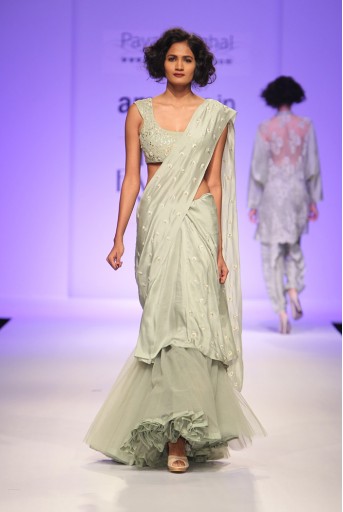 PS-FW343 Soliel Pale Green Silk Choli with Cropped Saree and Net Tiered Underskirt