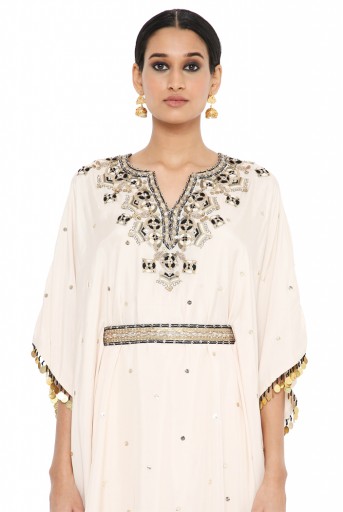 PS-KP0075-A Rima Stone Colour Embroidered Kaftan And Sharara With Belt