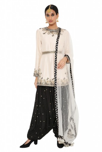 PS-KS0013 Sofi Stone Colour Embroidered Kurta With Black Colour Salwar And Stone Colour Dupatta With Belt