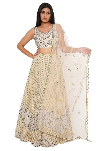 PS-LH0017-1  Stone Organza Embroidered Choli With Stone Net Embroidered Lehenga And Yellow Georgette Stripes and Net Dupatta