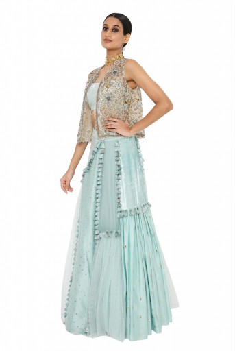 PS-LH0053 Erum Stone Colour Organza Embroidered Jacket With Powder Blue Velvet Bustier And Multi Kali Lehenga