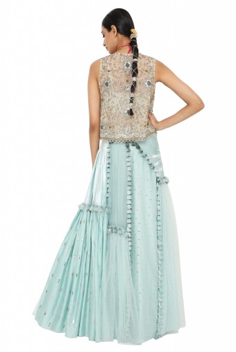 PS-LH0053 Erum Stone Colour Organza Embroidered Jacket With Powder Blue Velvet Bustier And Multi Kali Lehenga