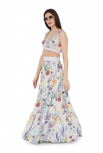 PS-FW825  Stone Colour Printed Art Crepe Bustier and Frill Skirt