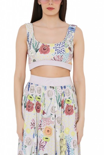 PS-FW825  Stone Colour Printed Art Crepe Bustier and Frill Skirt