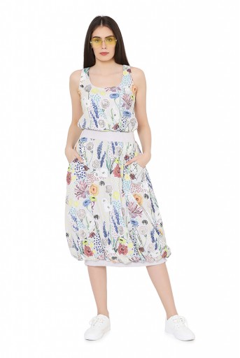 PS-FW824  Stone Colour Printed Art Crepe Racer Back Top with Balloon Skirt