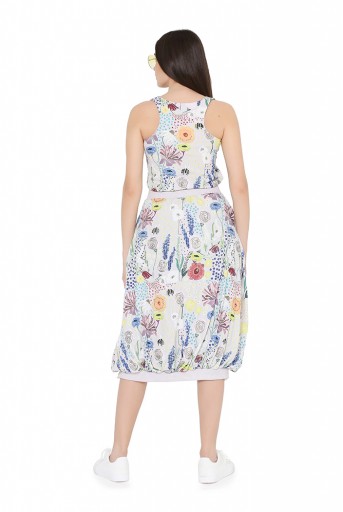 PS-FW824  Stone Colour Printed Art Crepe Racer Back Top with Balloon Skirt